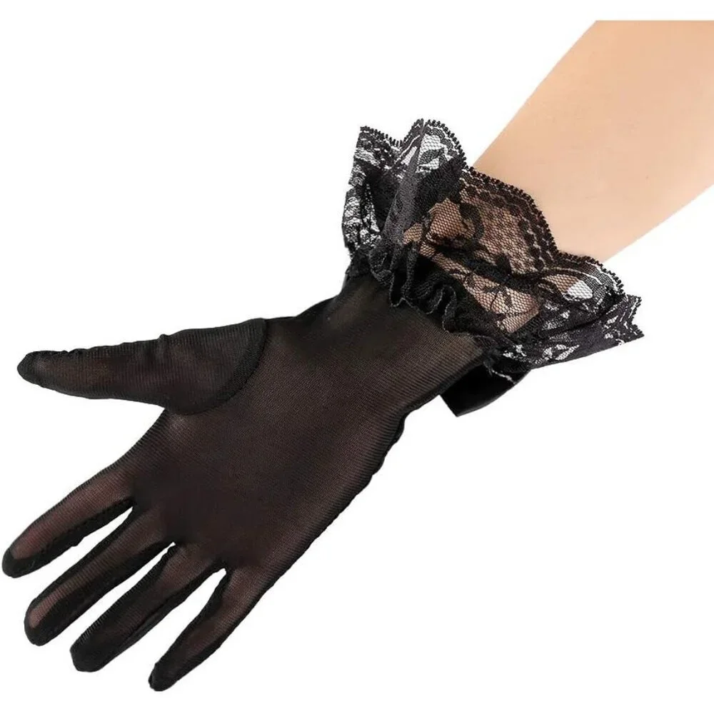 Women's Black Bow Lace Elegant Wrist Gloves Ruffle Bridal Wedding Party Prom